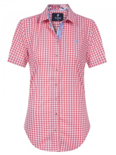 Floral Neck Short Sleeve Checkered Women Blouse Coral B8255041K